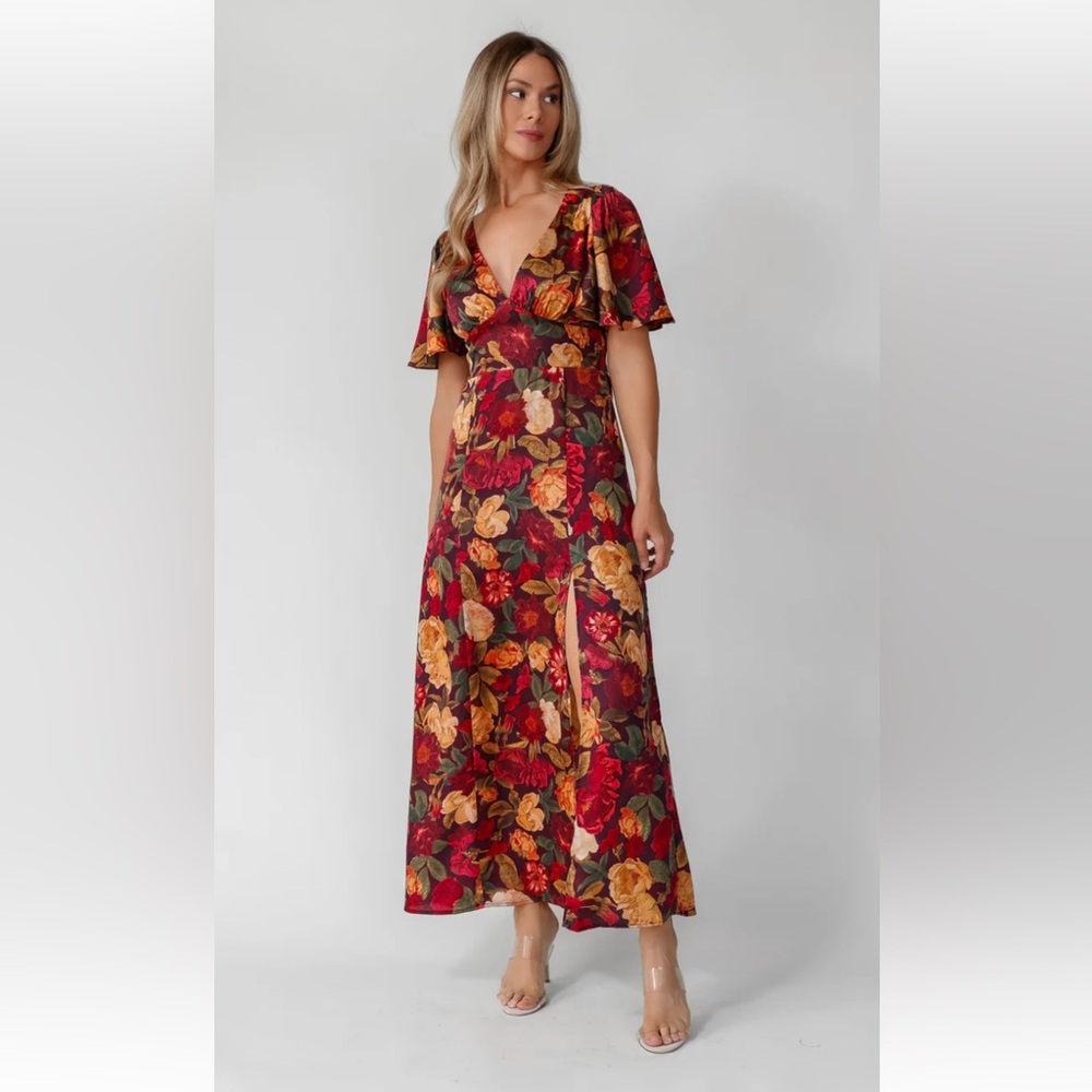 JO+CO Birdie Burgundy Floral Maxi Dress- medium